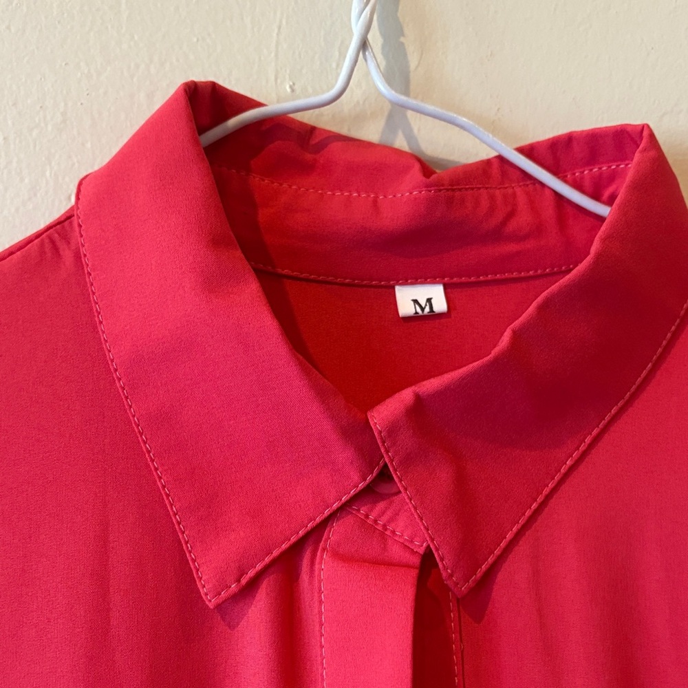 Women's Red Long Button-Front Shirt Dress - Picture 3 of 4